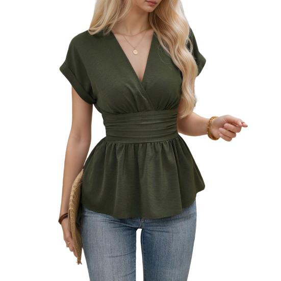 Women Tops V-neck Raglan Short Sleeve Shirt Pleated Hem Solid Color Waist-Hugging Regular Fit Tops Daily Wear
