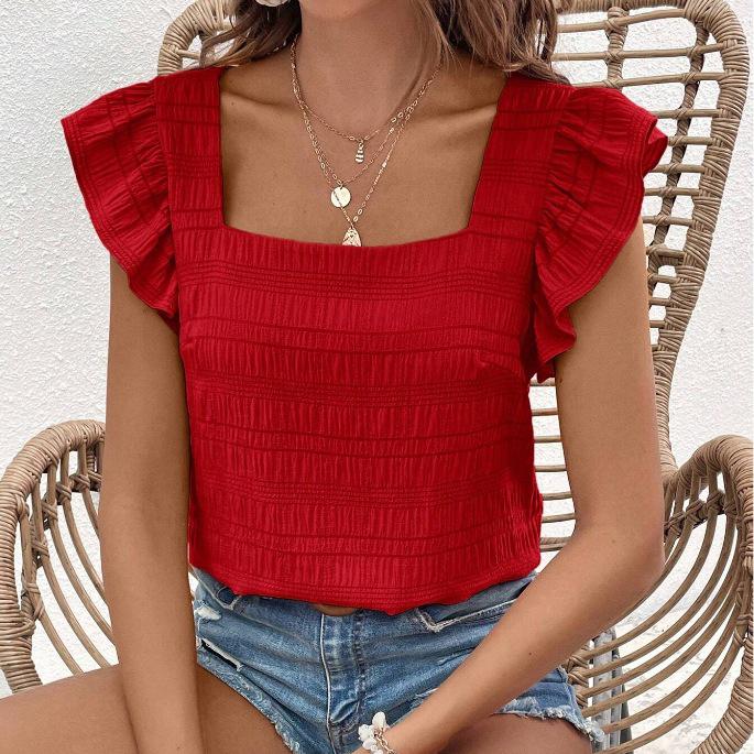 

Весенне-летняя женская модная рубашка с рюшами и квадратным вырезом, однотонный топ с короткими рукавами S красный