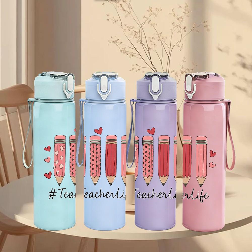 1PC Color Pencil Art Pattern Print 750ml Color Plastic Sports Water Bottle Leakproof Flip Straw Lid Suitable for Sports Office Home Use