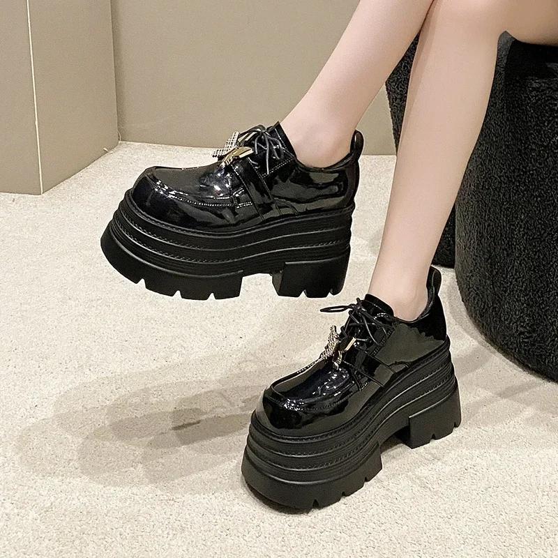 Fashion 10CM Patent Leather Chunky Heels Pumps 2025 Spring Autumn Ankle Boots Mary Jane Chunky Heels Buckle Platform Shoes Girls' shoes