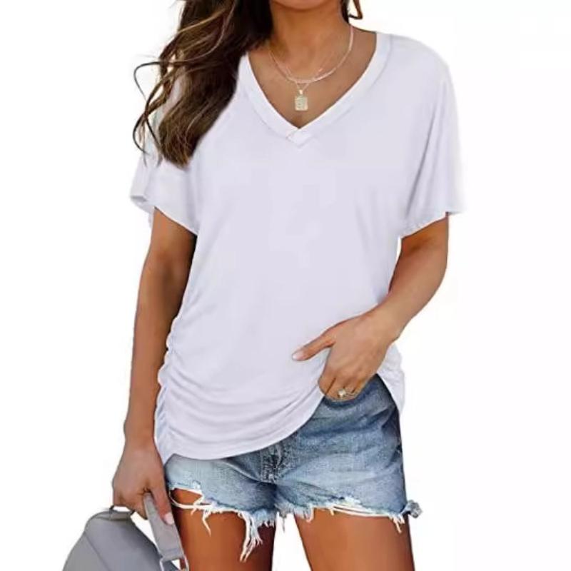 Women's New Solid Color Batwing Sleeve Side Pleated V-neck Short-sleeved T-shirt