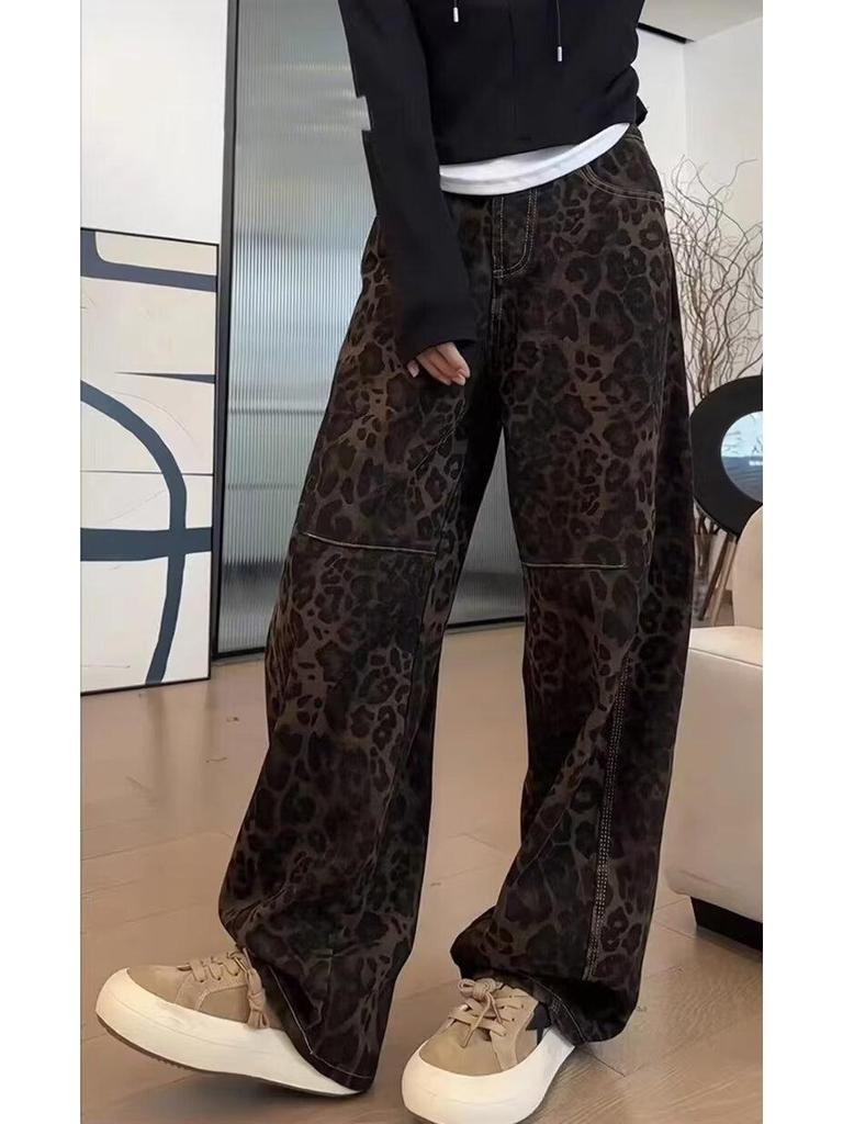Spring 2025 Leopard Print High-Waist Straight-Leg Jeans for Women