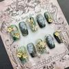 Green Hand-Painted Cat Eye Short Nail Art Tips - Purely Handmade Wearable Nails