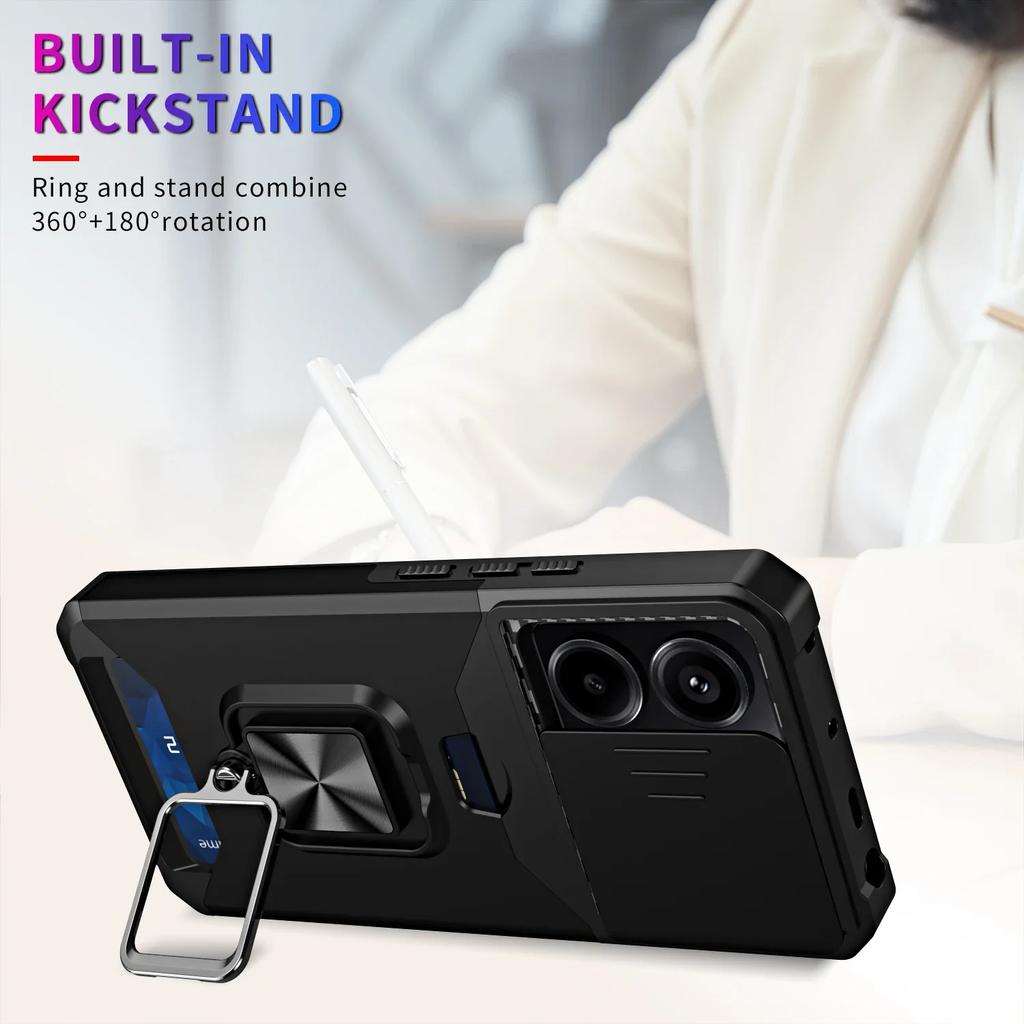 Case for Xiaomi Redmi Note 14 13 12 Pro Plus 13C 14C 4G 5G Slide Camera Card Holder Slot Wallet Protective With Ring Stand Cover