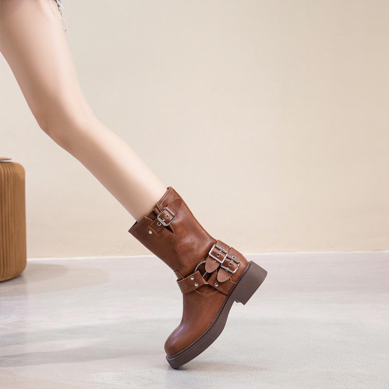 Läderbältesspänne Martin Boots Dam 2025 Brittisk Retro Mellanhöga Stövlar Korta Stövlar Platå Western Cowboy Stövlar Riddarstövlar