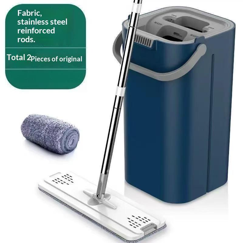 Self-Wringing Flat Mop With Bucket - Dry Wet Clean For Home Floors Kitchen Bathroom Durable Plastic Christmas Cleaning