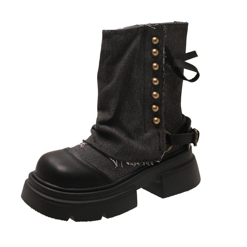 

Fashion black British style platform Martin boots women s 2025 autumn and winter new niche with skirt thick heel short boots 35