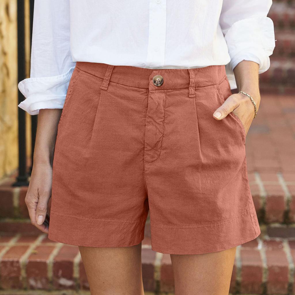 Women's Soft Cotton Linen Shorts Pockets Soft  Button Closure No Zipper Slim Fit Shorts