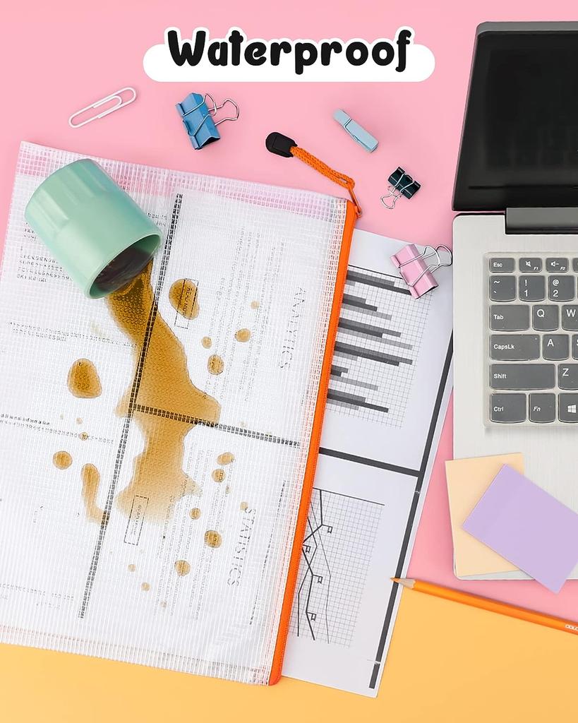 10pcs Mesh Zipper Pouch Document Bag Waterproof Zip File Folders A6/A5/A4/A3 School Office Supplies Pencil Case Storage Bags