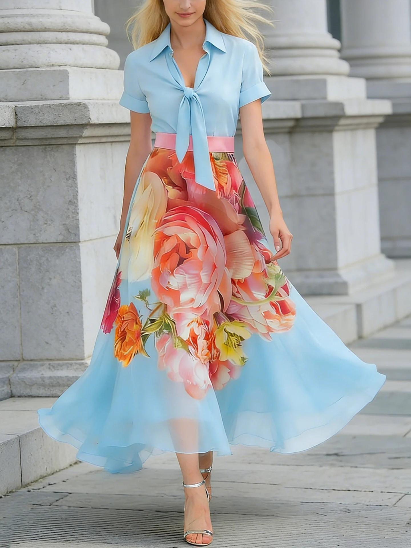 Fashion temperament Casual elegant printed long dress women s 2026 summer new thin slim skirt S