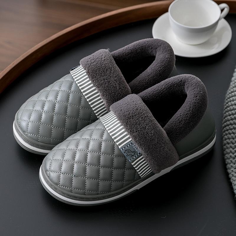 Waterproof Leather-Cotton Slippers, Non-Slip Closed Heel for Indoors