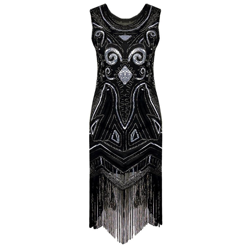 Exquisite Series Women's Vintage Sequined Fringed Sleeveless Skirt Beaded Tassel Dress For Fashion-forward Women