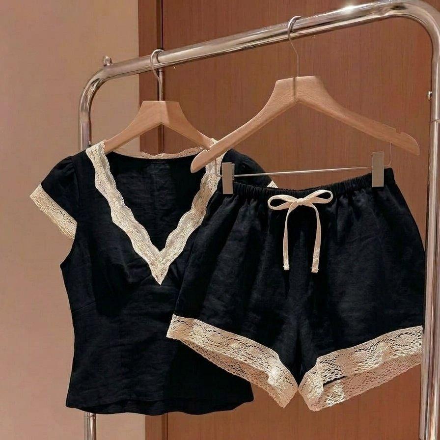 Korean retro black lace splicing short-sleeved pajamas women's 1011 summer new large-size shorts loungewear set