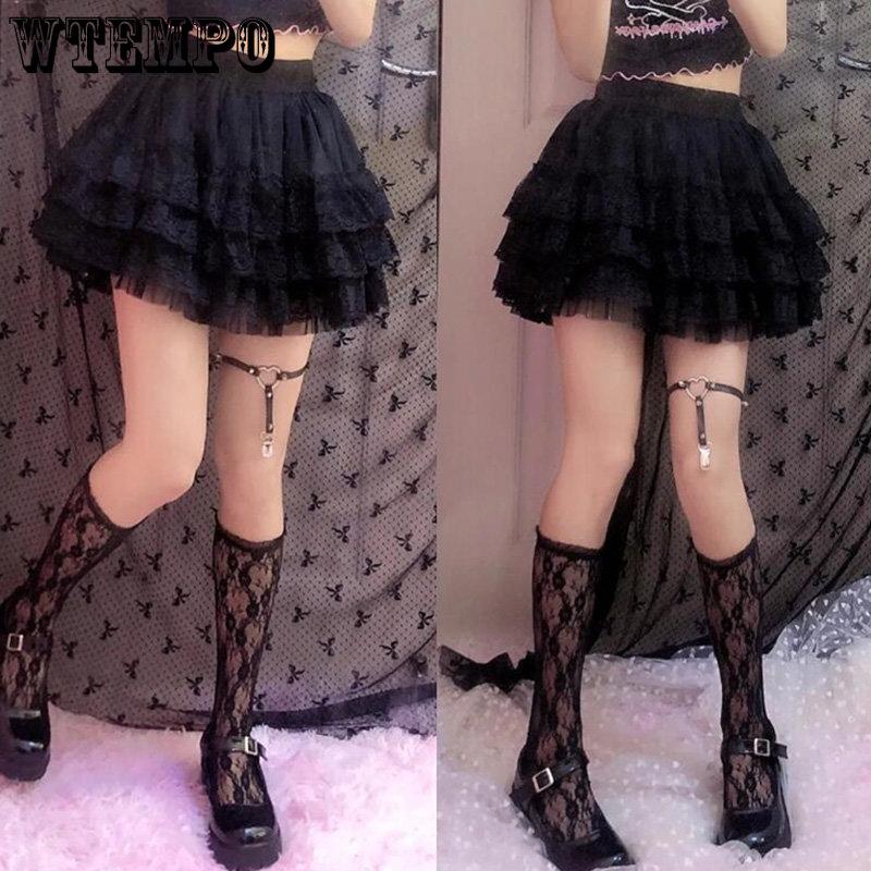 WTEMPO Sommer Frauen Elastische Hohe Taille Schwarz Rock Tanzen Big Swing Tutu Röcke Multi-Layer Spitze Mesh Kurze Kuchen Röcke
