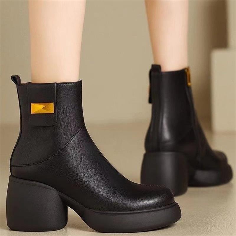 thick-soled Martin boots women's soft leather spring and autumn single boots 2025 new winter high-heeled side zipper thick heel thin short boots