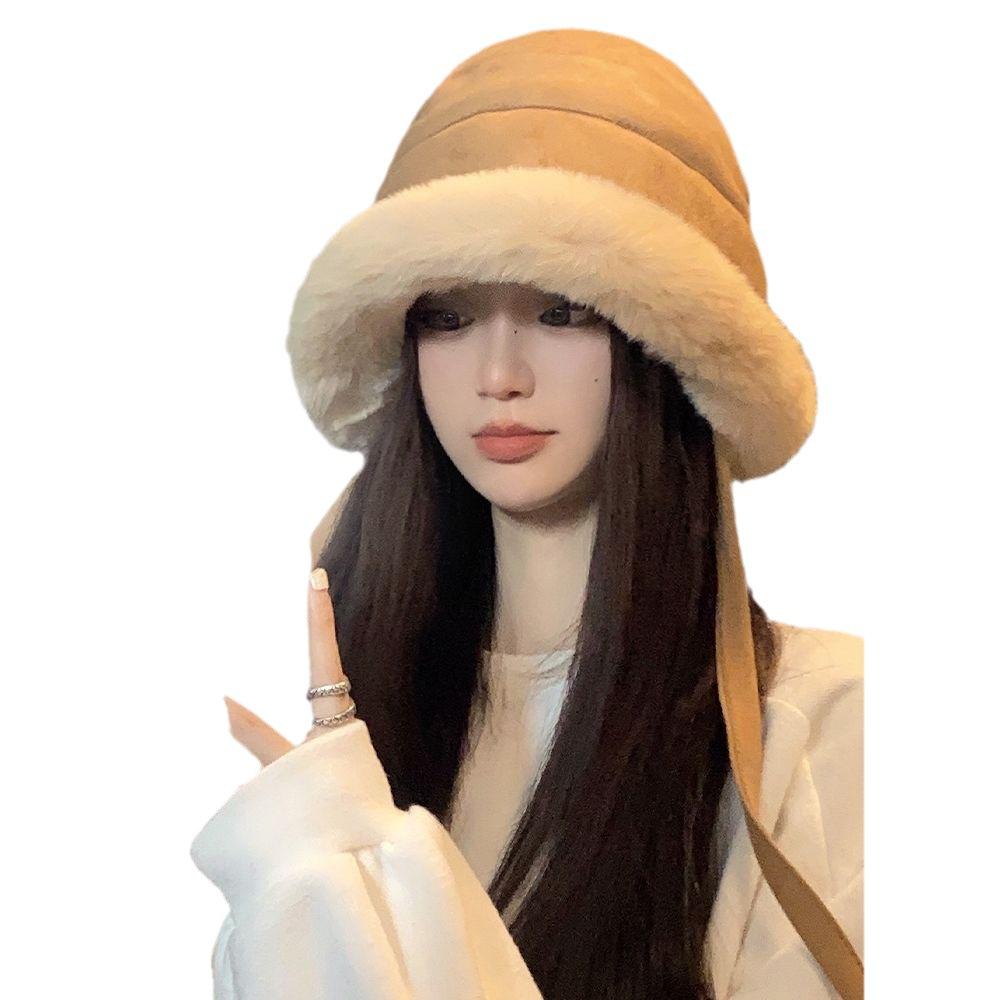 Winter new plush bucket hat women's thickened warm basin hat windproof ear protection winter fluffy hat cute tide