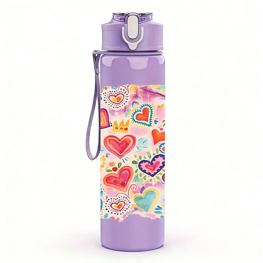 1PC Heart Love Seamless Pattern Print 750ml Color Plastic Sports Water Bottle Leakproof Flip Straw Lid Suitable for Sports Office Home Use