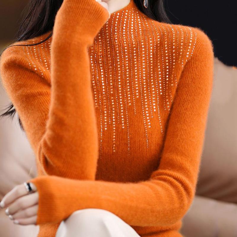 Autumn and Winter Turtleneck Crystal Sweater Women All Match Long Sleeve Knitwear Woman Solid Knitted Pullover Ladies