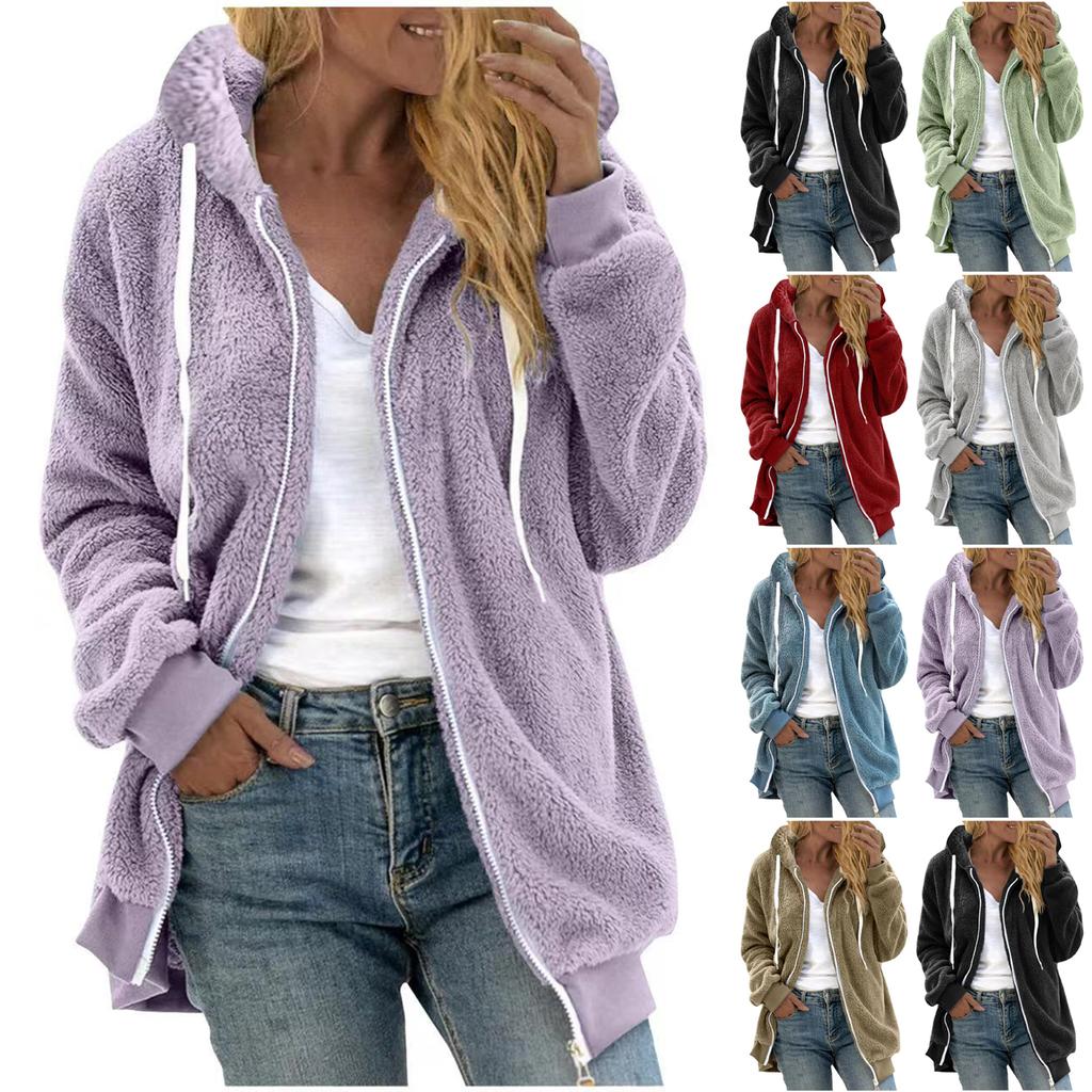 Women's Fashionable Plush Zipper Solid Color Pocket Hooded Long Sleeved Loose Warm Jacket