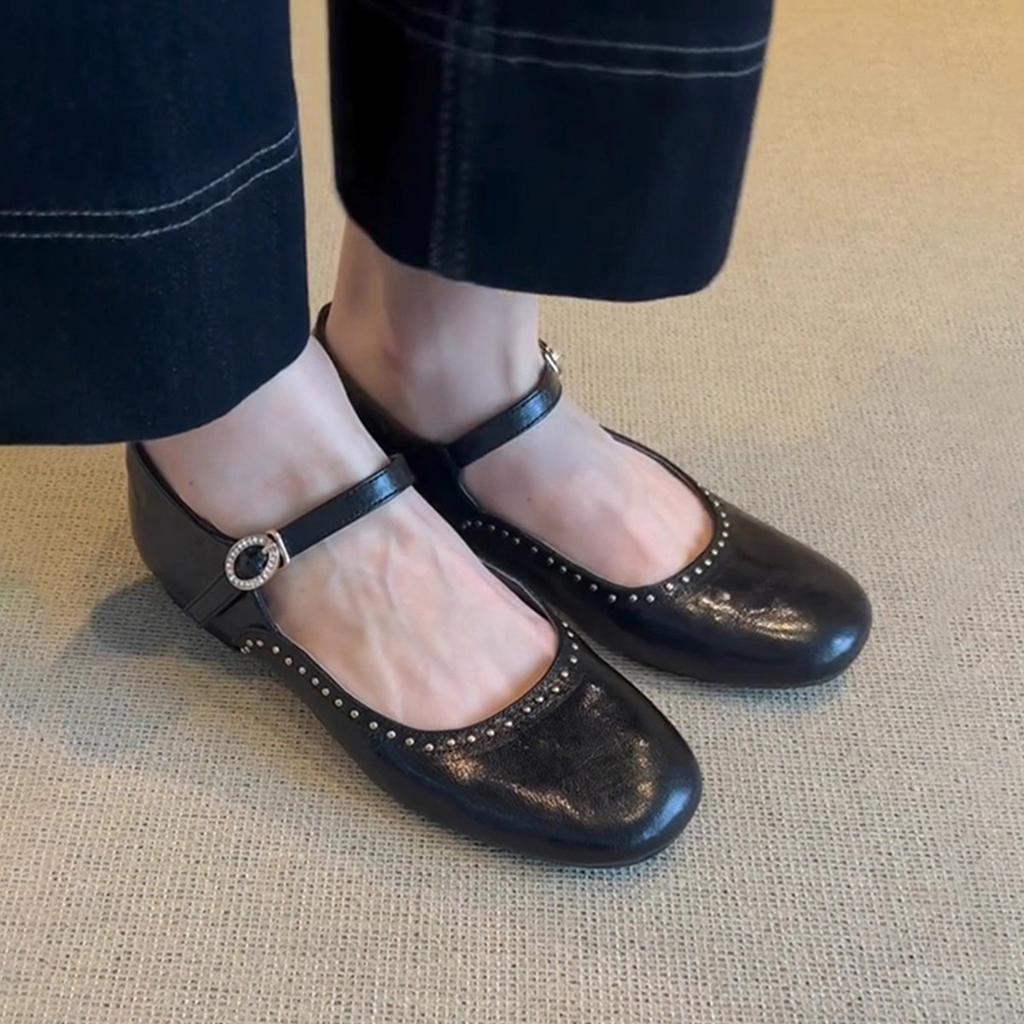 Sheepskin Version~ Spring New Shallow Mouth One-word Buckle Leather Single Shoes Women's Versatile Rivets Flat Bottom Round Head Mary Jane Shoes