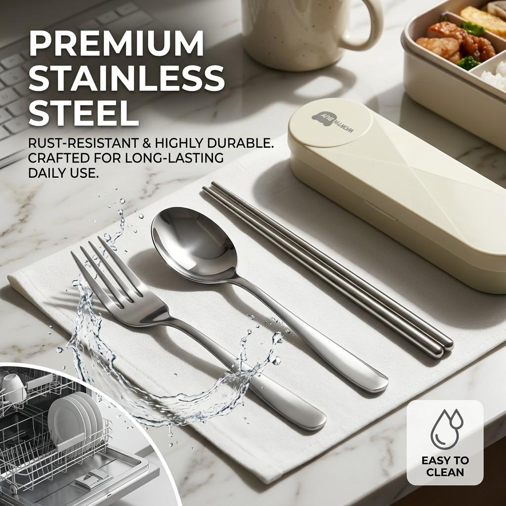 Portable Stainless Steel Cutlery Set Spoon Fork Chopsticks with Organizer Case Kids School Travel Camping Tableware Utensils