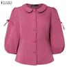 ZANZEA Women Casual Doll Collar Solid Color 3/4 Sleeve Loose Blouse
