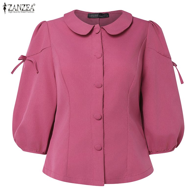 ZANZEA Women Casual Doll Collar Solid Color 3/4 Sleeve Loose Blouse