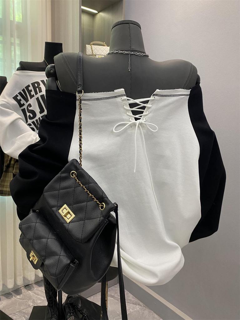 Korejská barevně blokovaná mikina s dlouhým rukávem na zavazování se syrovým okrajem pro ženy