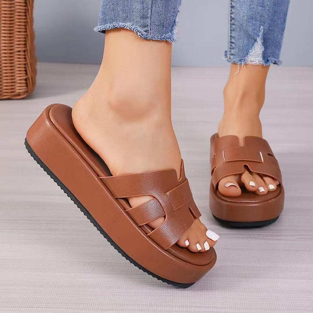 2025 New Casual One-character Solid Color European, American Amazon Slippers Foreign Trade Large Size Thick-soled Slippers Women