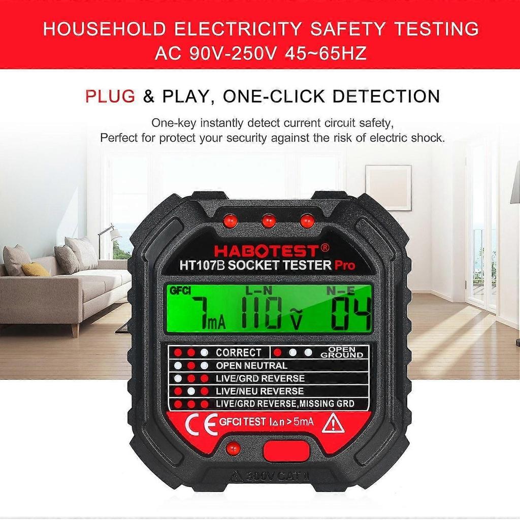 HABOTEST GFCI HT107D Outlet Tester with Voltage Display 90-250V Socket Tester Automatic Electric Cir