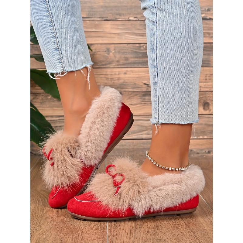 Women's Plush Slip-On Slippers with Bow - Winter Indoor/Outdoor House Shoes, Soft Cushioned TPR Sole & Plush, White/ Beige/ Brown/Dark Grey/Dark Blue