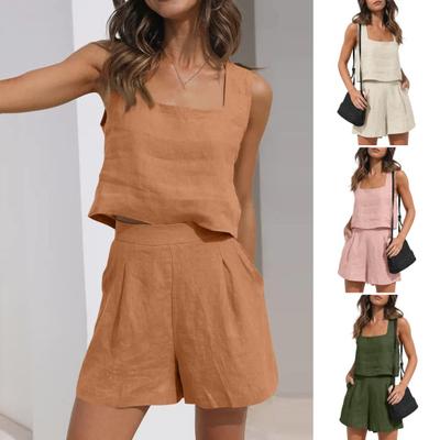 2 Pcs/Set Women Tank Top Shorts Set Square Neck Sleeveless Loose Top High Waist A-line Trousers