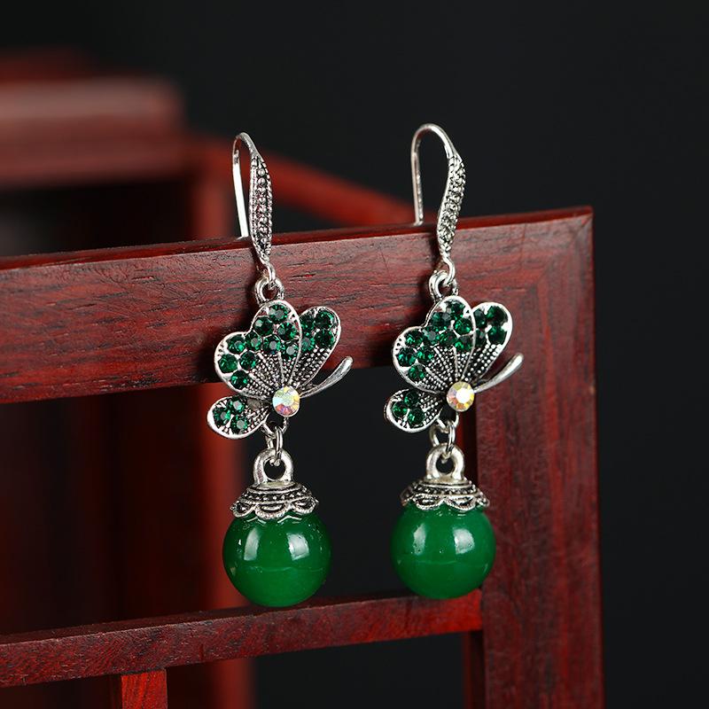 Retro Ethnic Style Butterfly Agate Earrings Women's Long Tassel Temperament Opal Earrings Antique Simple Ear Jewelry