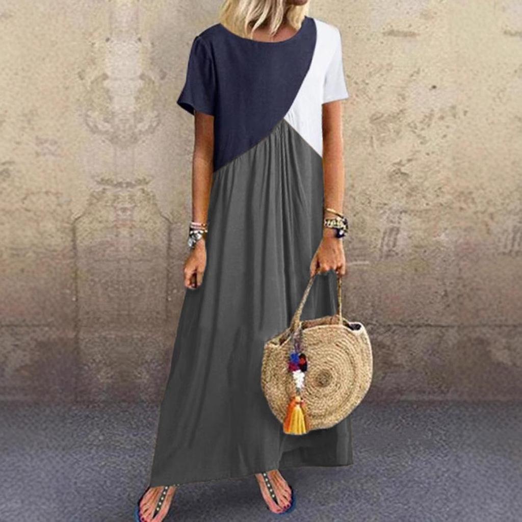 2023 Geometric Color Block Patchwork Long Summer Beach Dress