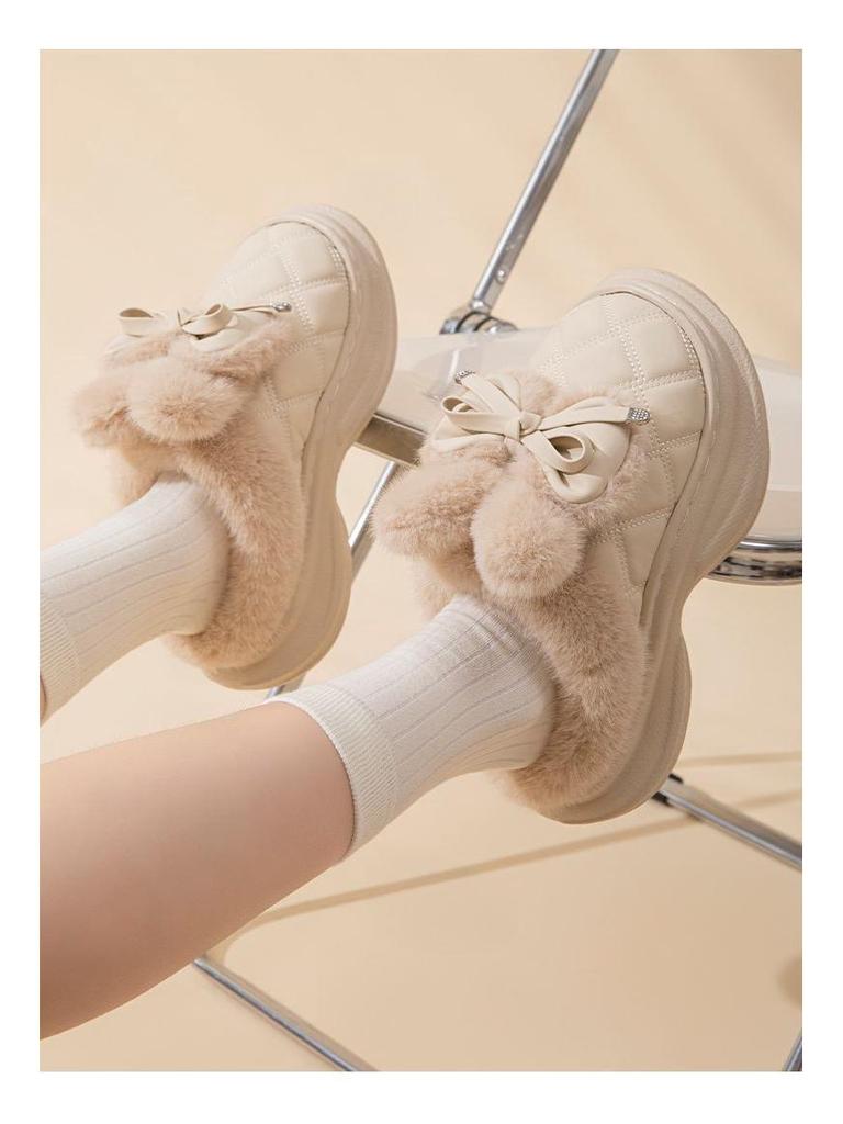 Damen 2025 Winter Schleife Baumwollpantoffeln: Rutschfest, Dicke Sohle, Warmes Plüsch für den Außenbereich