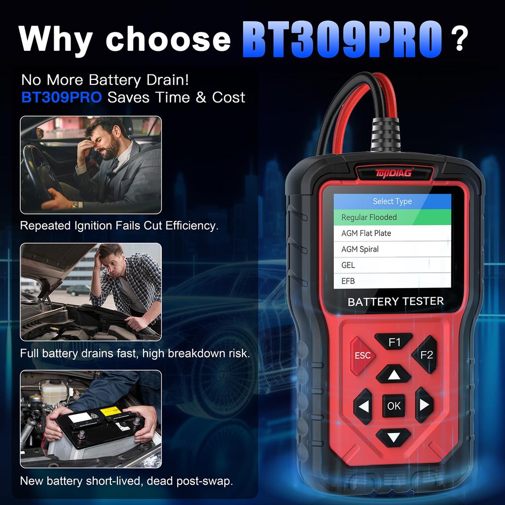 2026 TOPDIAG BT309PRO 6V/12V/24V Battery Tester for Cars Motor Truck 100-2000 CCA Cranking Charging Analyzer Tool Start Test