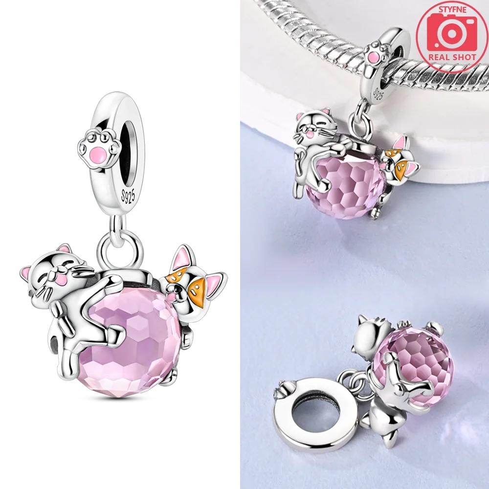Exquisite Orange Cat Pink Zircon Cat Paws Beads Original Charms Copper Fit Bracelet Women Jewelry Making Diy Gift