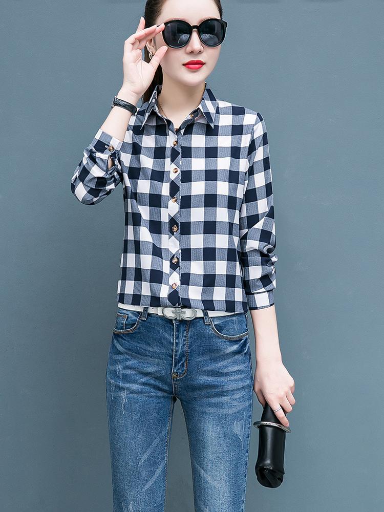 Geruit Overhemd Dames Honderd Dames Tops Los Retro Hong Kong Smaak Lange Mouw Overhemd