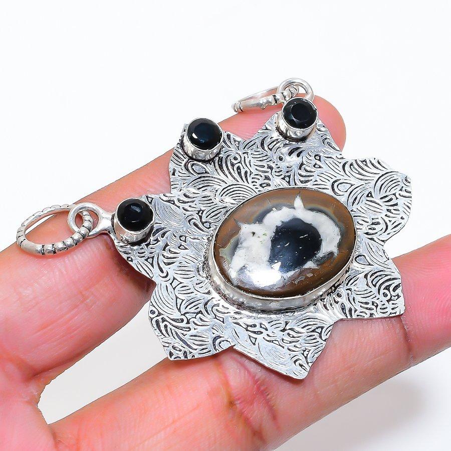 Natural Mud Crack Fossil, Spinel 925 Sterling Silver Jewelry Pendant 1.97" ZS-649