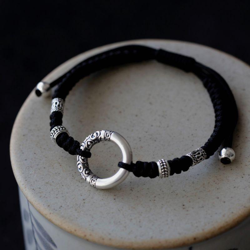 

Кольцо Инь и Ян с пряжкой Мира в винтажном стиле, ремешок для ношения из чистого серебра Dark red rope girl size one