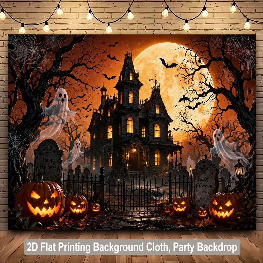 1 piece of 2D flat background fabric, a banner featuring a gathering of pumpkin ghosts on Halloween night, suitable for parties