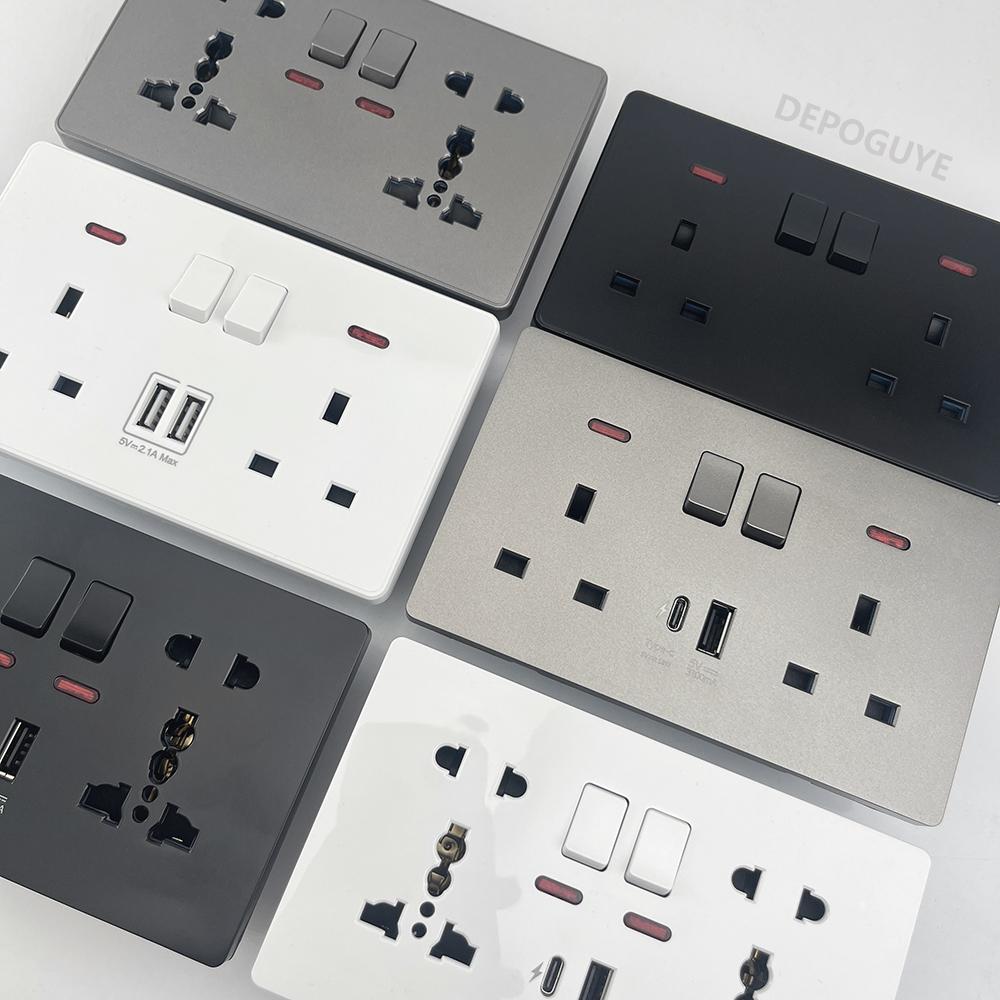 18W Type-C Plug Quick Charging Universal 5-pin Dual Power Socket,UK Standard 13A Wall Socket with DC 5V 3.1A Type-c USB Charger