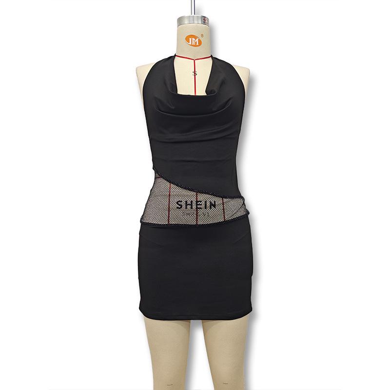 2025 Spring Sexy Backless Mesh Patchwork Halter Dress for Women Medium чёрный