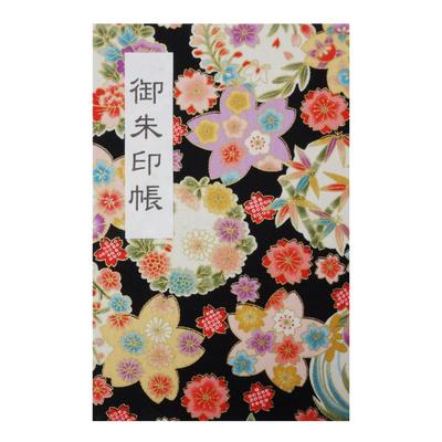 46-seitiges Goshuincho (Briefmarkenbuch) mit Akkordeon-Vinyl-Abdeckung und originalem Hotokudo-Lesezeichen. Große Größe, 18x12cm, Shikisai Ranman (Schwarz).