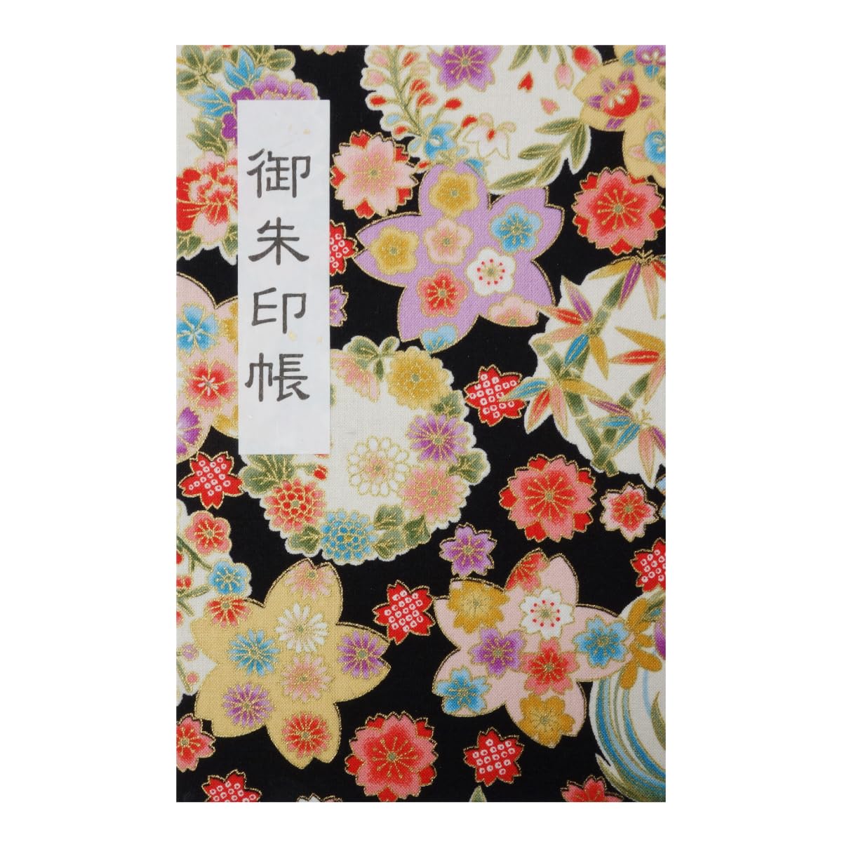 46-page Goshuincho (stamp book) with accordion-style vinyl cover and original Hotokudo bookmark. Large size, 18x12cm, Shikisai Ranman (Black).