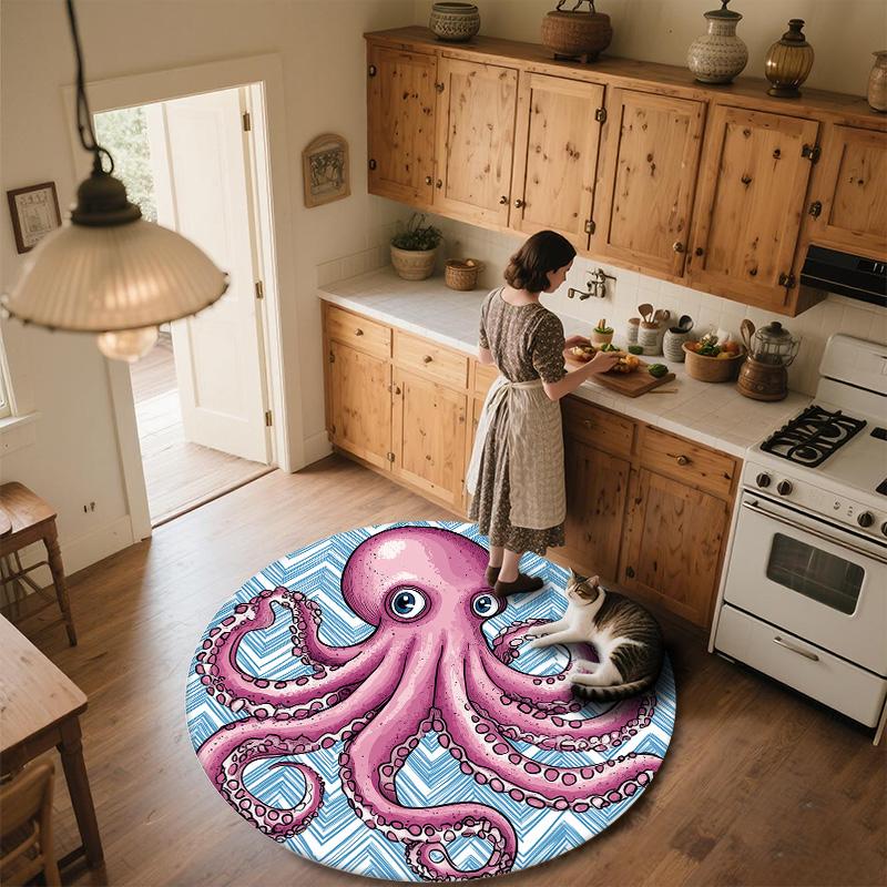 Aquarell-Oktopus,Runder Teppich,Teppich für Wohnzimmer Schlafzimmer Sofa Spielzimmer Dekor,Rutschfeste Fußmatte