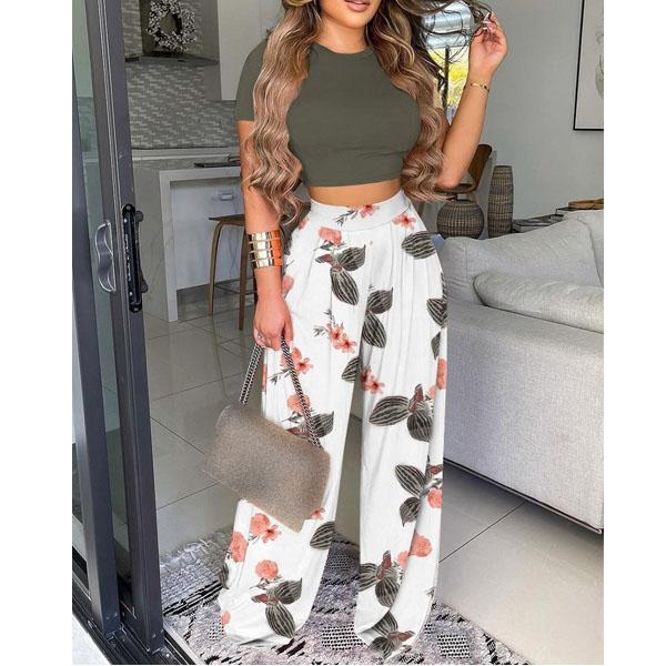 Dámská móda Ležérní kalhoty s krátkým rukávem a kulatým výstřihem