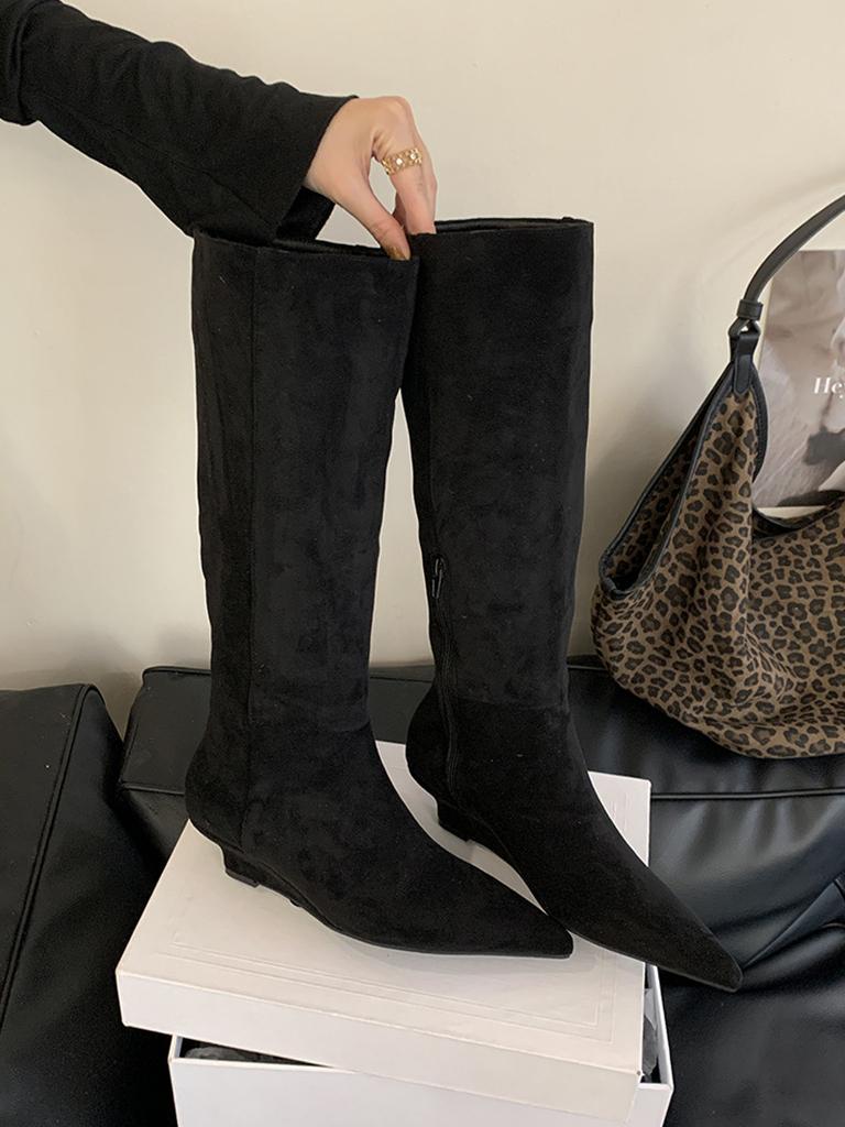 Heel pointed head suede thin tall knight boots women's small height increase long boots but knee pile long boots