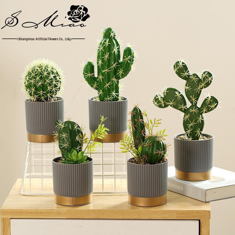Creative Wooden Basin with Artificial Green Plant Bonsai Ornament for Display and Decoration.