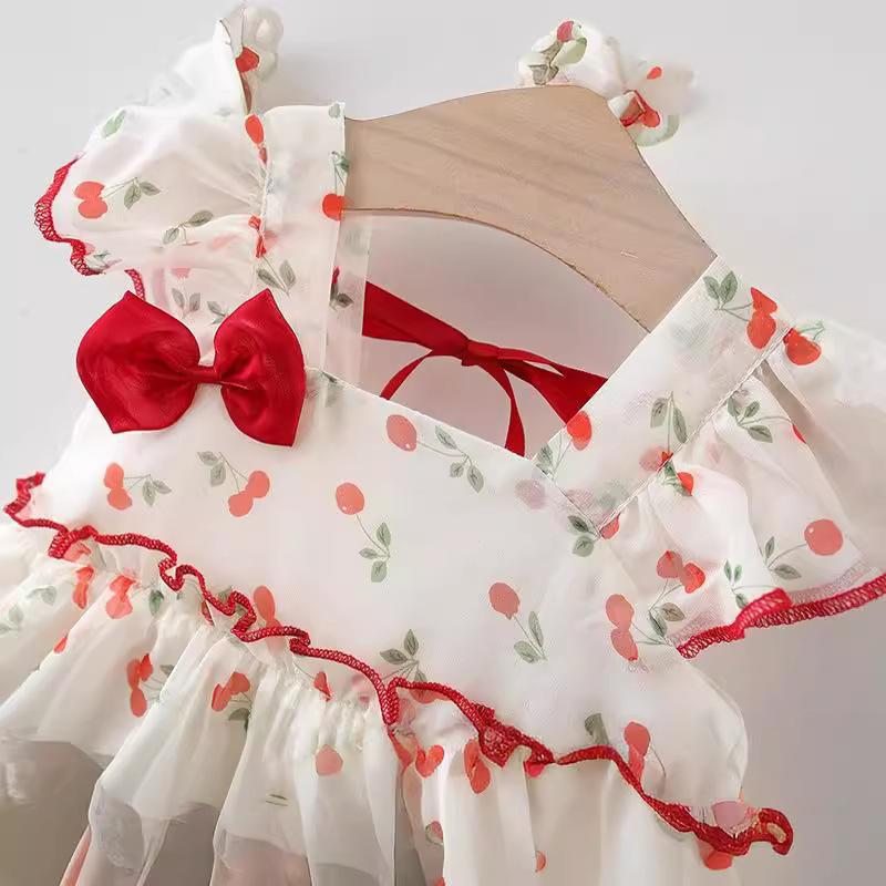 Flickklänning Sommar Barn Körsbär Prinsessklänning Babyflicka Chiffong Söt Kortärmad Klänning